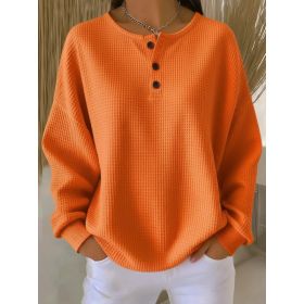 Round Neck Waffle Solid Color Pullover Loose Top (Option: Orange-M)