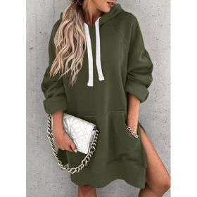 Women's Hooded Sweatshirt With Pockets Fashion Casual Split Mid-length Sweater Drawstring Tops (Option: Army Green-L)