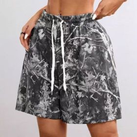 Women's Loose Casual Drawstring Branch Camouflage Printing Shorts (Option: Gray-2XL)