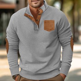 Patch Pocket Jacket Stand Collar Long Sleeve Corduroy Multicolor Hoodie (Option: Light Gray-XL)