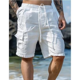 Cotton Linen Shorts Drawstring Elastic Waist Straight Leg Solid Color Breathable Beach Shorts (Option: White-3XL)