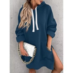 Women's Hooded Sweatshirt With Pockets Fashion Casual Split Mid-length Sweater Drawstring Tops (Option: Navy Blue-XXL)