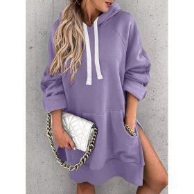 Women's Hooded Sweatshirt With Pockets Fashion Casual Split Mid-length Sweater Drawstring Tops (Option: Purple-3XL)