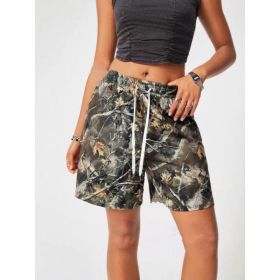 Women's Loose Casual Drawstring Branch Camouflage Printing Shorts (Option: Brown-2XL)