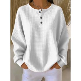 Ins Waffle Long-sleeved T-shirt Fashion Solid Color Buttons Round Neck Pullover Top Women's Clothing (Option: White-5XL)