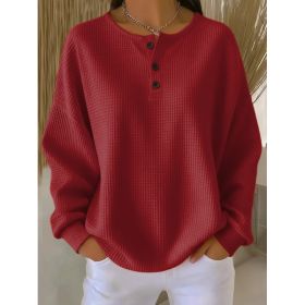 Round Neck Waffle Solid Color Pullover Loose Top (Option: Red-5XL)