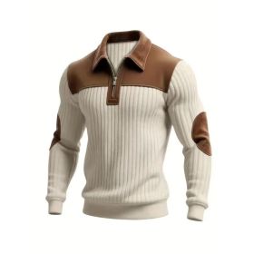 Notched-collar Patchwork Knit Top With Embroidered Zipper Hoodie (Option: Khaki-L)