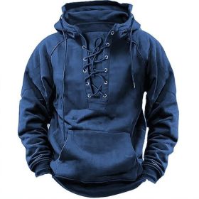 Ins Lace-up Hoodie Casual Sports Pocket Sweatshirt Men's Long-sleeved Top Clothing (Option: Blue-3XL)